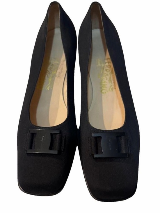 Salvatore Ferragamo Shoes - Salvatore Ferragamo Black Square-Toe Flats with Patent Logo Buckle *Size 38/8